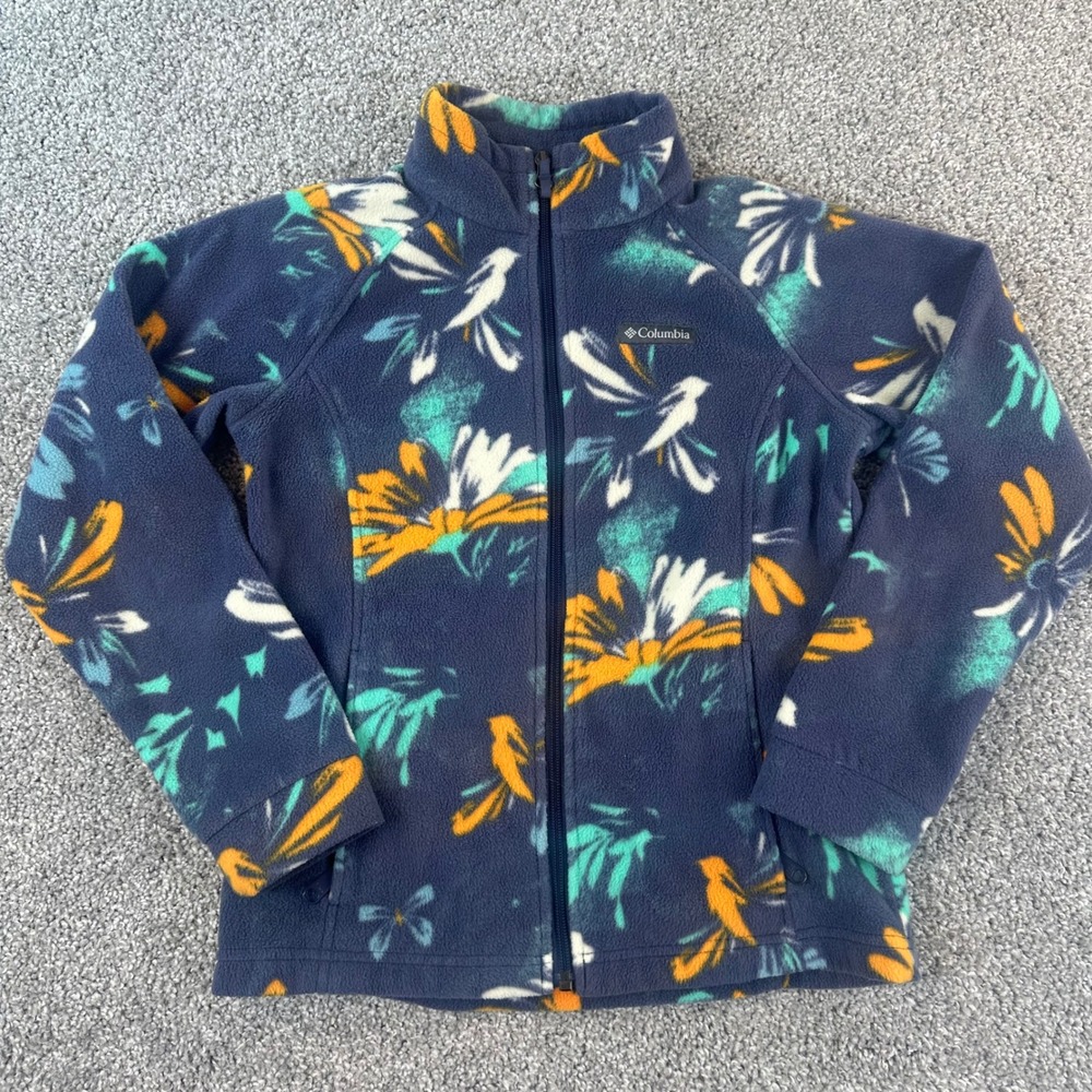 Columbia Girls Fleece Jacket M 10/12 Navy Blue Floral Hummingbird Full Zip Warm